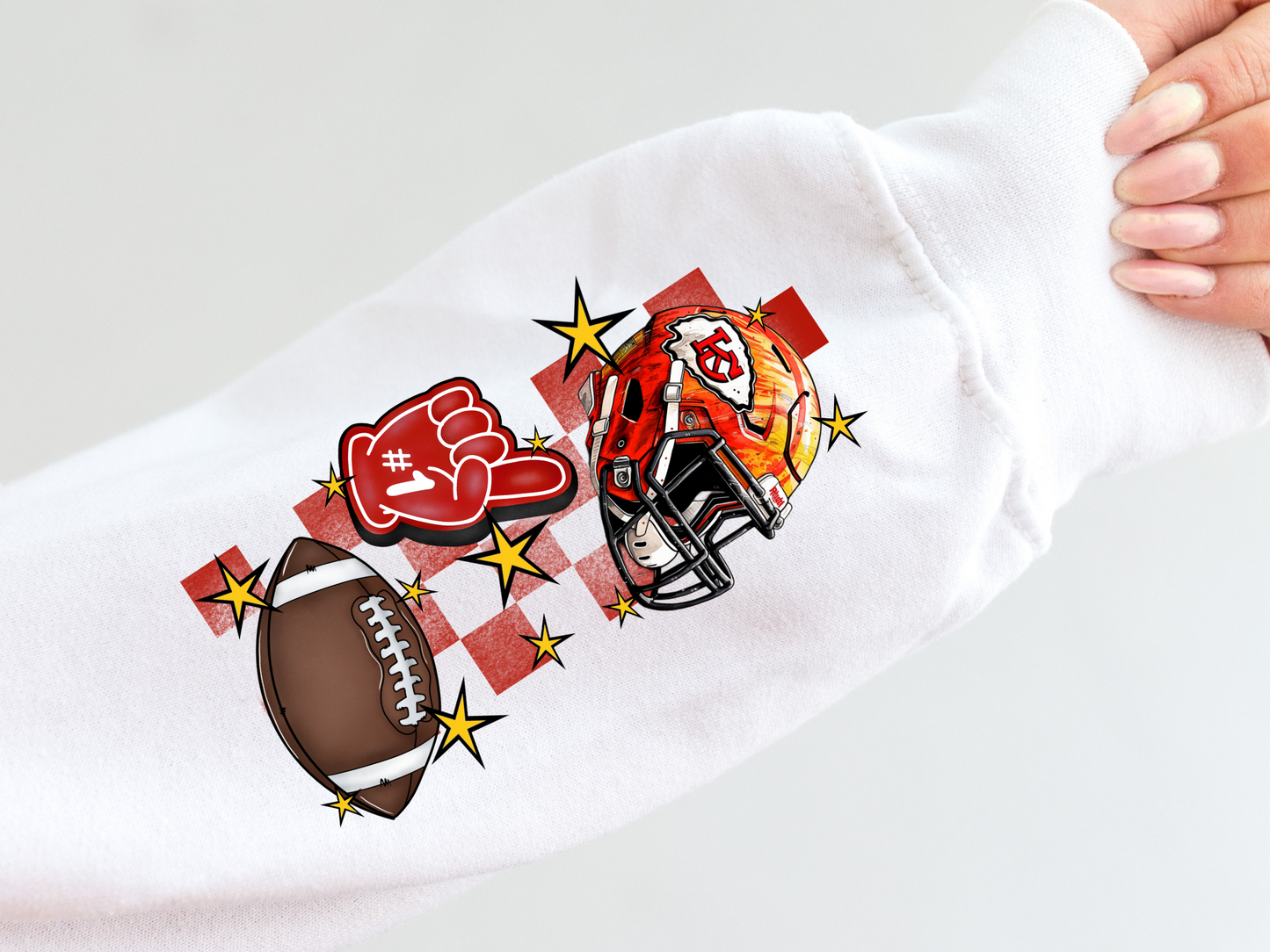 Chiefs helmet, foam finger, football & red checkered - sleeve