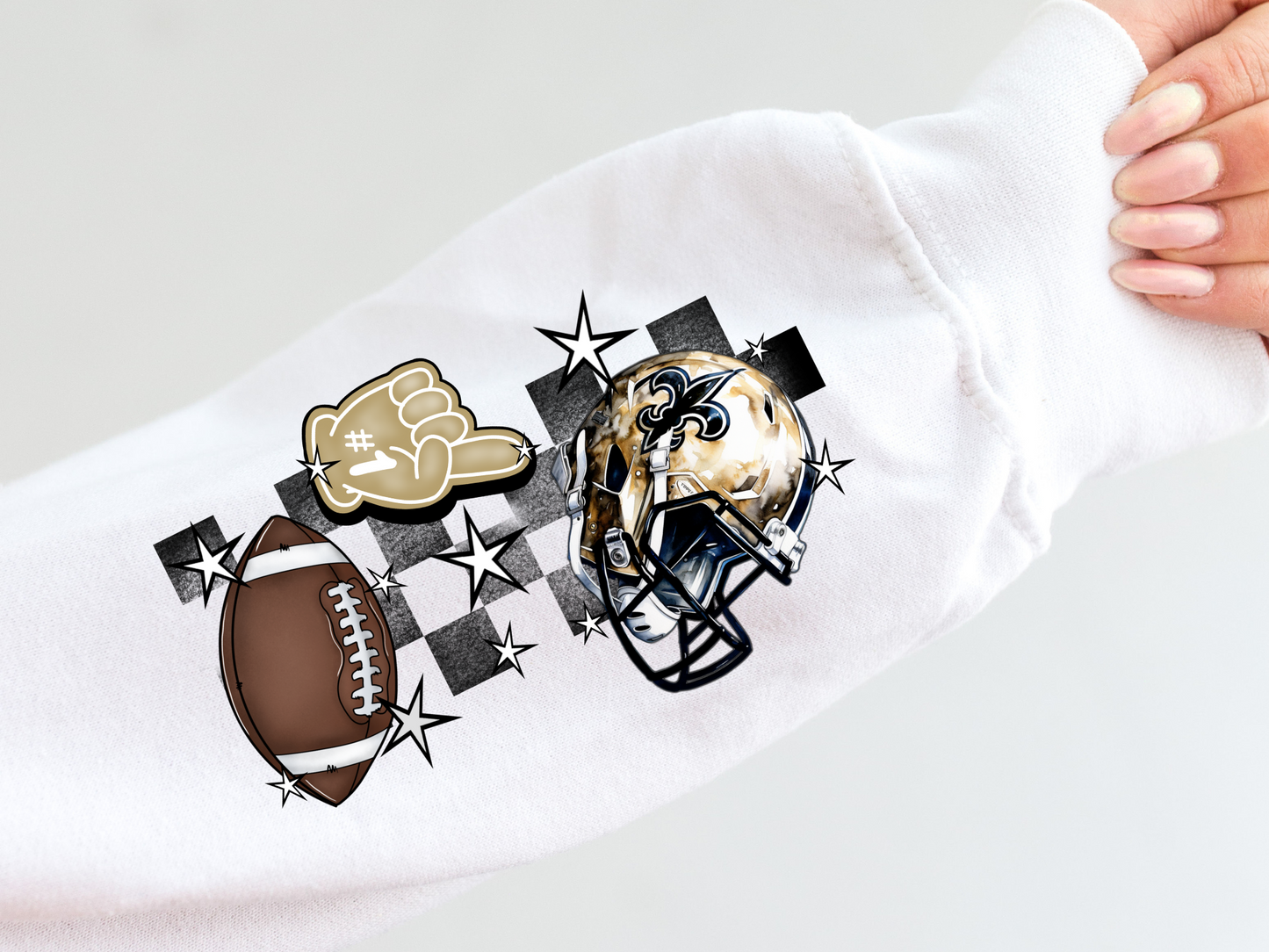 Saints helmet, foam finger, football and black checkered - sleeve