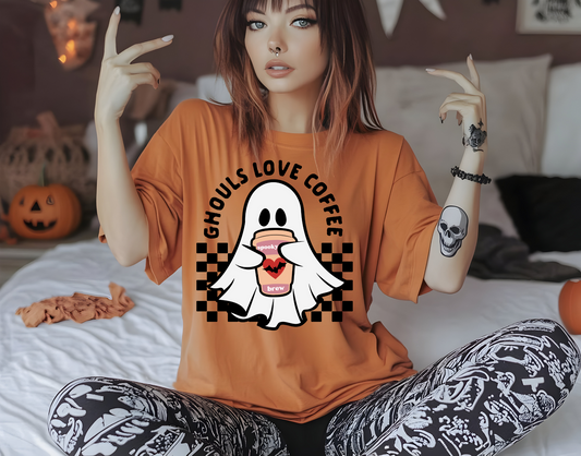 ghouls love coffee checkered ghost holding coffee