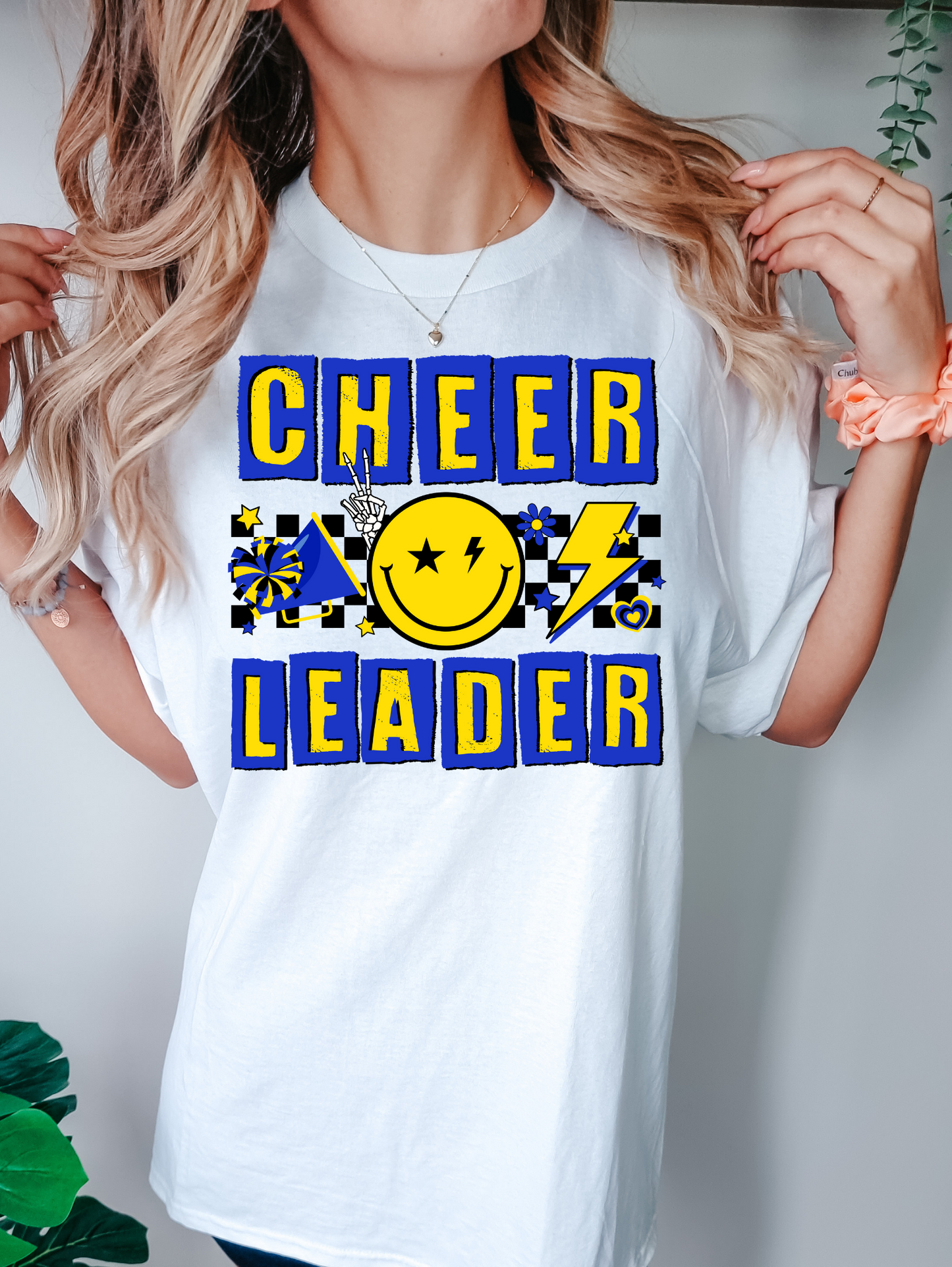 Cheer Leader Checkered Blue Smiley Face