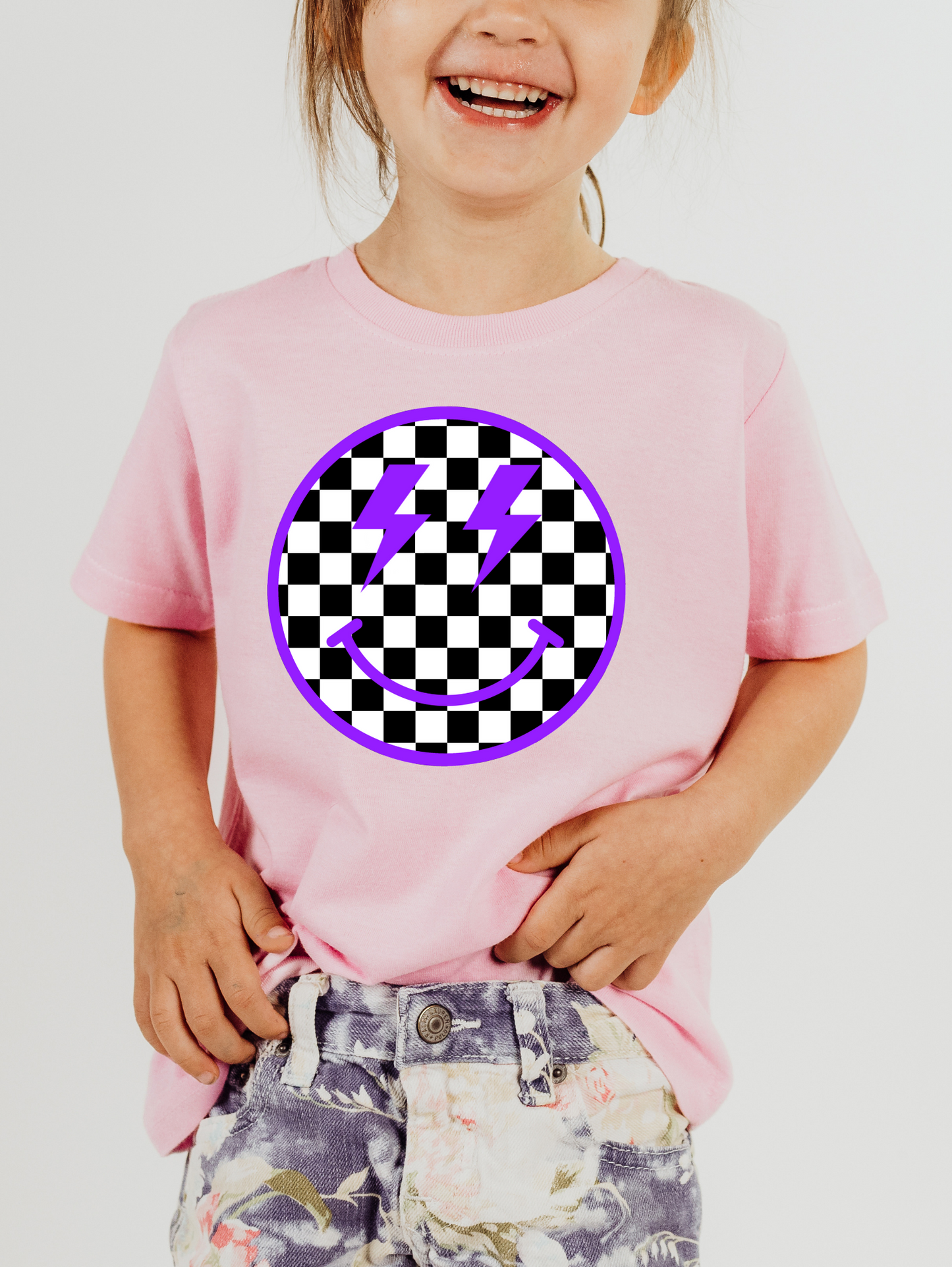 Purple Checkered Smiley Face Lightning Bolt Eyes