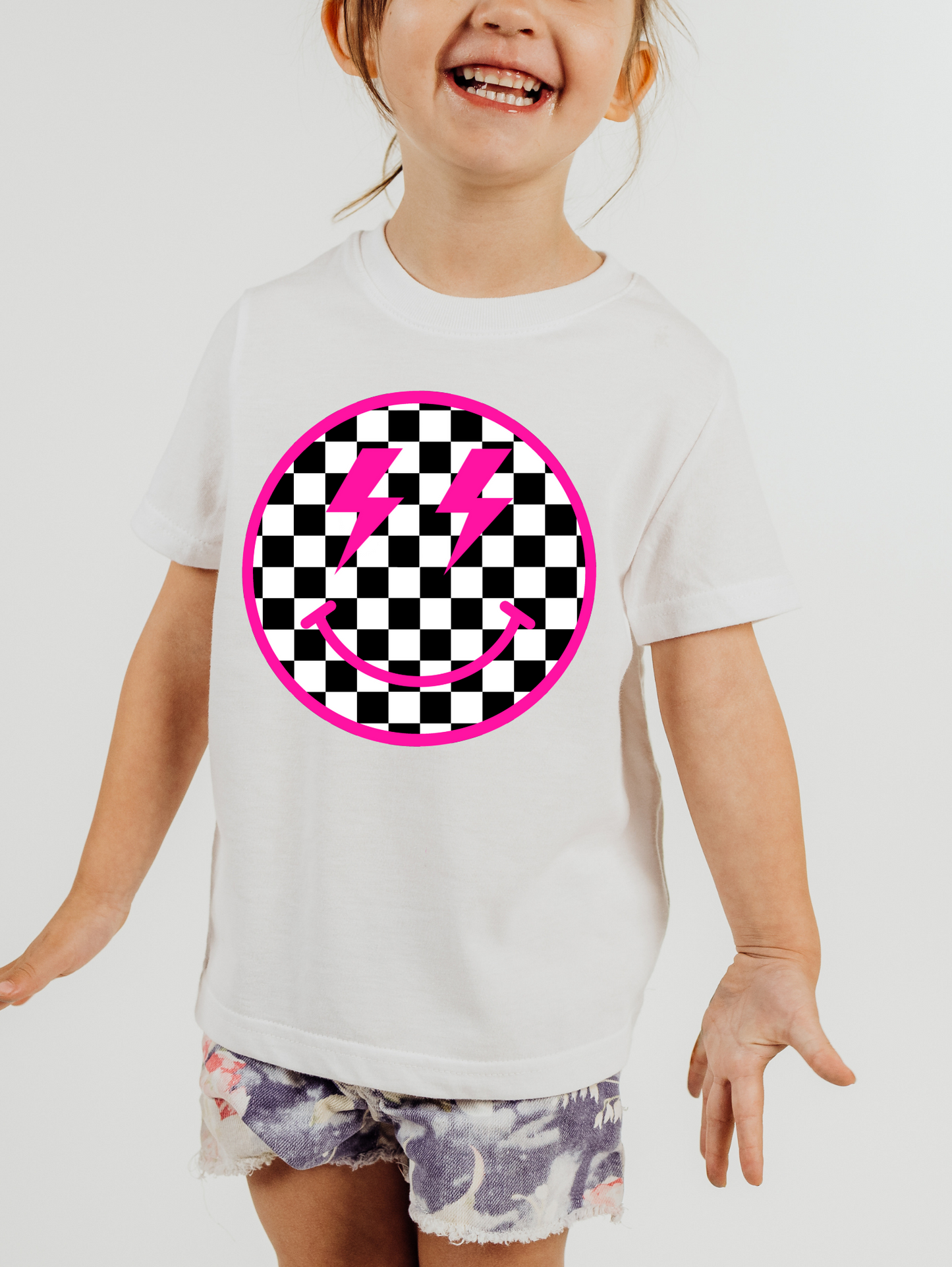 Pink Checkered Smiley Face Lightning Bolt Eyes