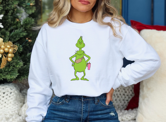 Grinch with iced coffee - facing forward