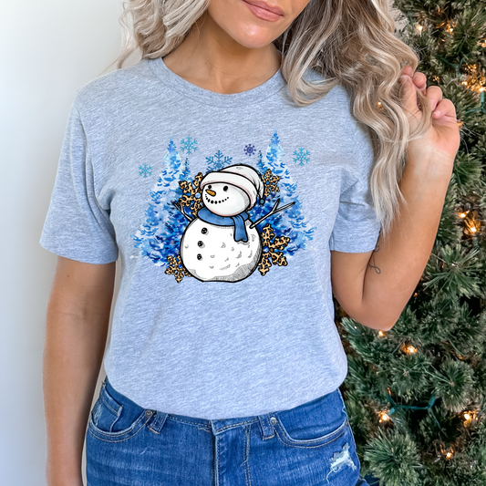 Snowman with cheetah print snowflakes