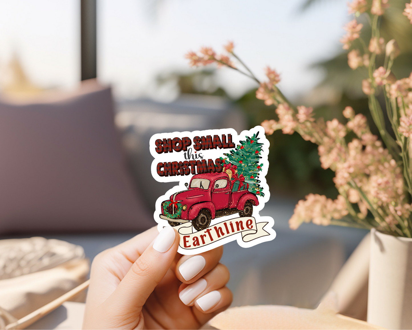 Customized Shop Small for Christmas Buffalo Plaid Truck Christmas Tree Sticker