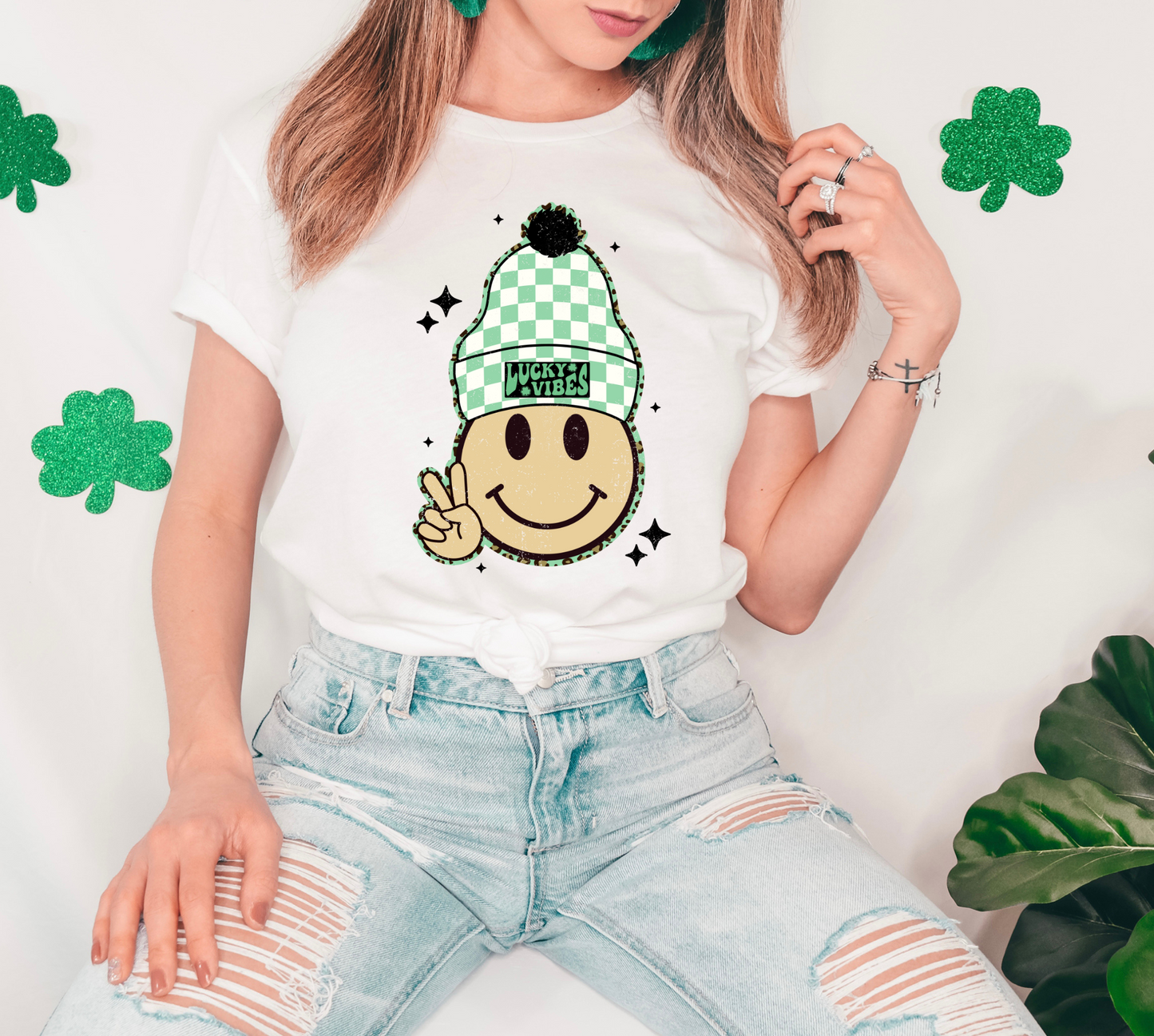 Lucky vibes-green checkered beanie