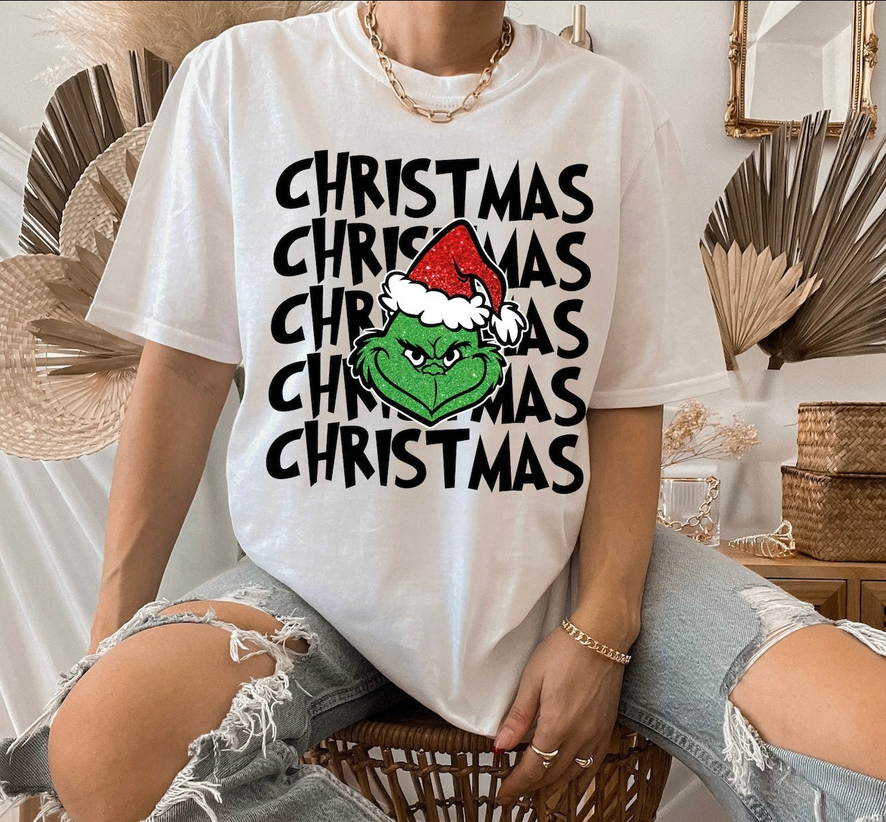 Christmas with Grinch in Santa hat - black letters