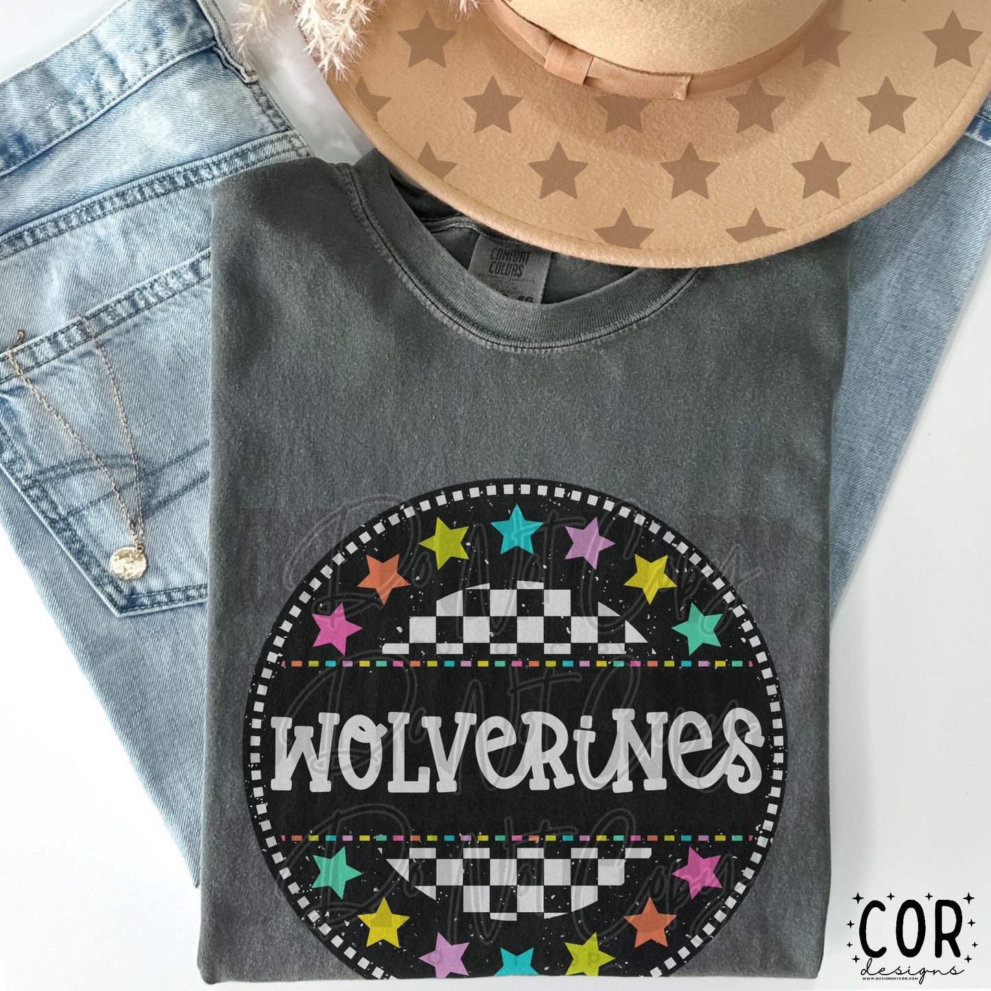 Wolverines White Letters Colored Stars Circle Design