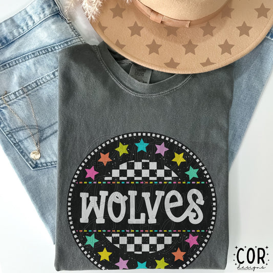 Wolves White Letters Colored Stars Circle Design